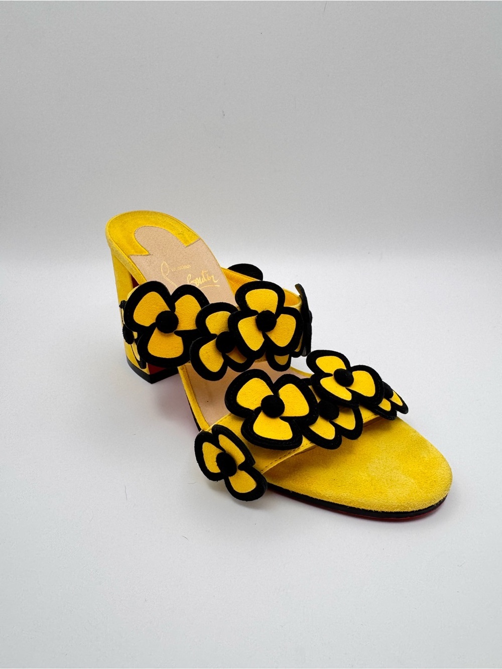 Christian Louboutin Tres Pansy 85 Yellow Suede Floral Mule Sandals EU 36 - Picture 1 of 8
